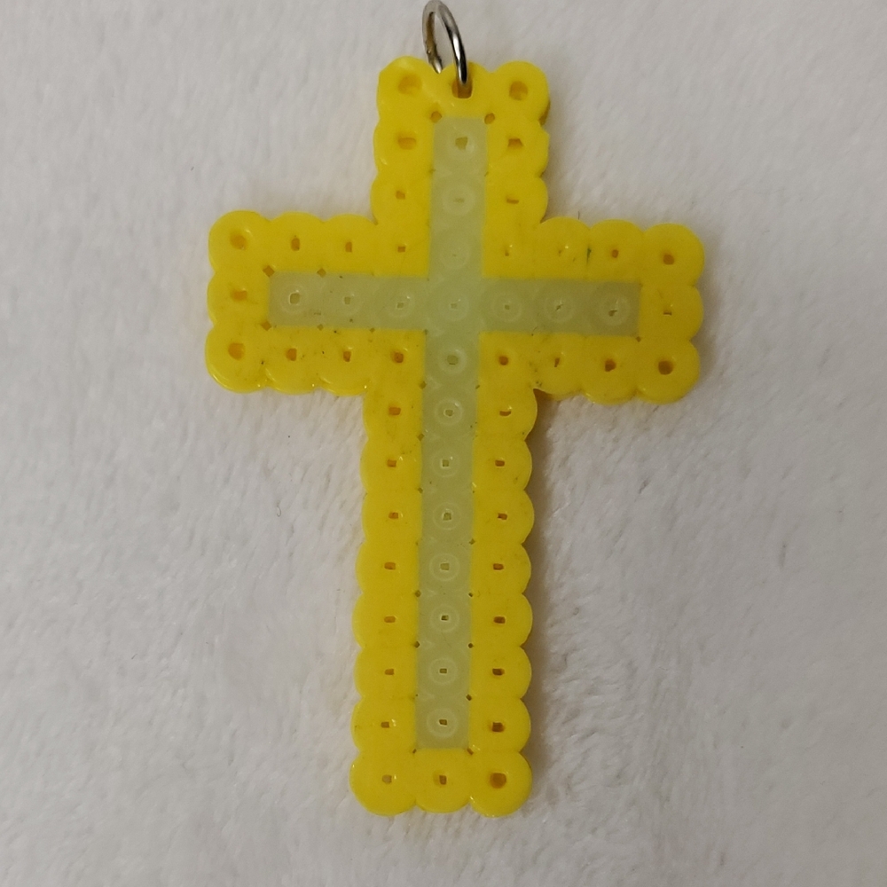 Perler Bead Yellow Cross Pendant Jewelry